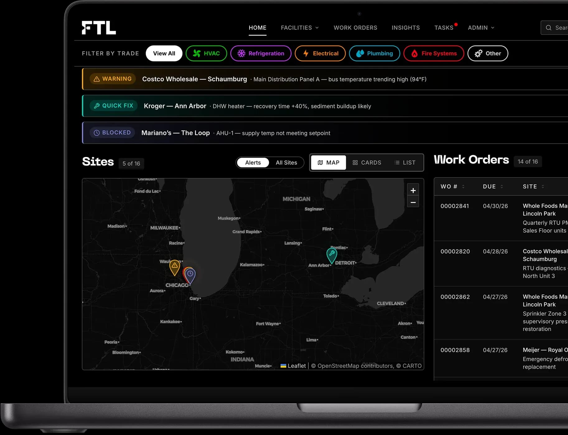 FTL Cloud facilities management dashboard displaying an interactive map of commercial building sites, trade-specific asset monitoring, and automated work order tracking across multiple locations.