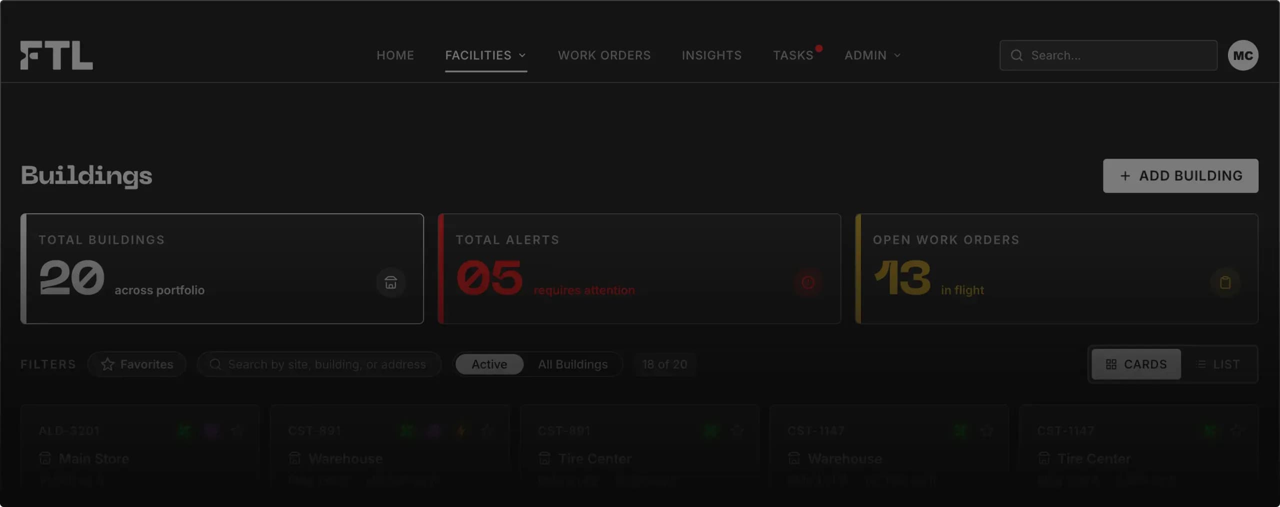 Buildings dashboard showing portfolio metrics, active alerts, open work orders, and searchable building cards.